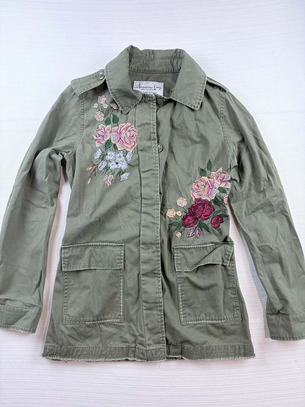 American Rag Olive Green Floral Embroidered Utility Jacket Size XS